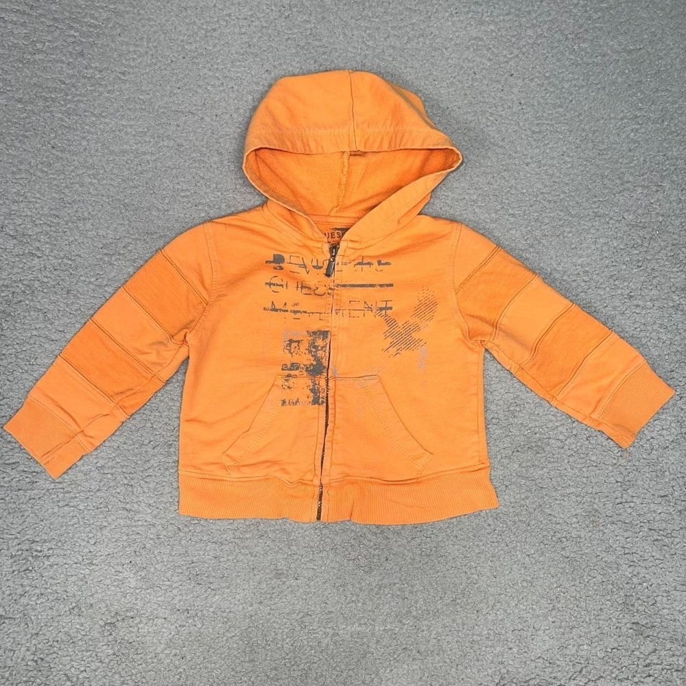 VTG Guess Hoodie Toddler Sz‎ 18 Months Orange Full Zip Kangaroo Pocket Grunge